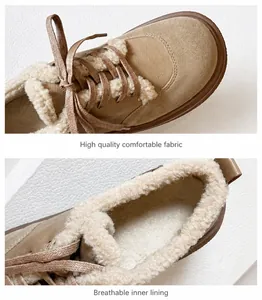 Detail showing high-quality khaki suede exterior and warm faux sheepskin lining of the shoe