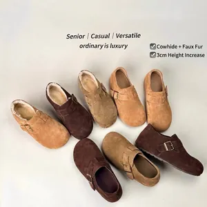 Women's leather buckled mule shoes with warm fleece lining and 3cm platform