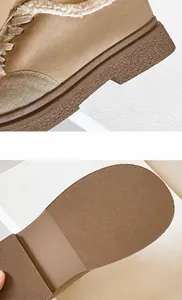 Detail of non-slip rubber outsole and warm plush lining on brown platform shoes
