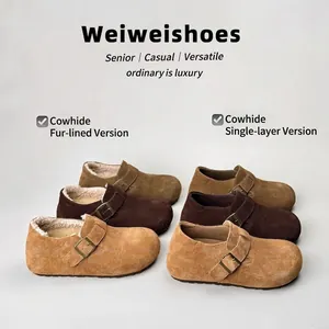 Women's First Layer Cowhide Birkenstock Style Shoes Hidden Wedge Winter Warm Fleece Loafers Metal Buckle Casual Slip On Flats