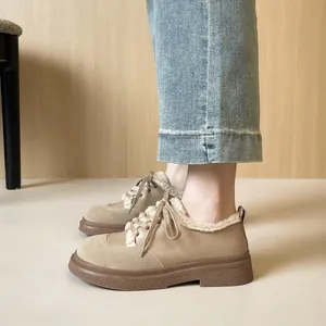 Women's warm platform loafers with thick fur lining and lace-up retro winter style