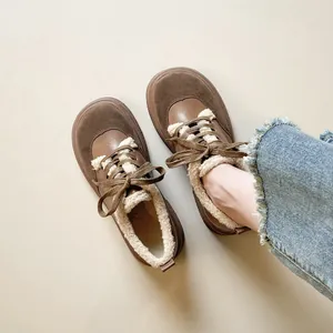Women's brown platform faux leather fleece shoes with thick soles and round toes
