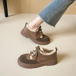 Women's platform winter boots in brown faux suede with warm fleece lining and thick sole