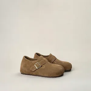Brown suede platform loafers with metal buckle strap and round toe for women