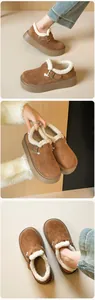 Close-up of brown suede platform mule featuring warm white faux fur lining and buckle