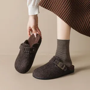 Brown wool felt clog slippers with thick soles and adjustable metal buckle strap
