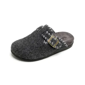 Dark grey felt Boston clogs with warm fleece lining and adjustable buckle strap