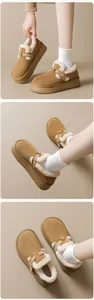 Detail of platform mule shoes with cozy faux fur lining and metal buckle strap