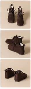 Detailed views of brown suede lace-up boots with warm plush faux fur lining for winter