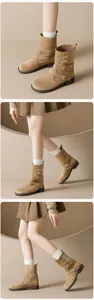 Detail of suede platform ankle boots featuring vintage buckle straps and button accents