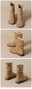Detailansicht der kamelfarbenen Wildlederstiefel mit gerafftem Schaft und Metallschnalle