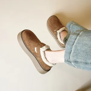 Brown women's platform suede mules with warm faux fur lining and metal buckle strap