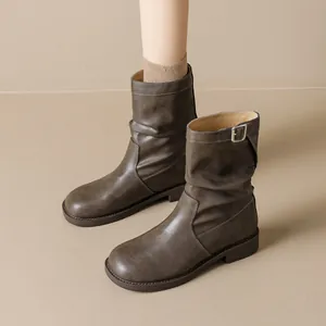 Bottes Martin Slouchy pour Femmes Style Britannique Rétro Bout Rond Bottines en Cuir Microfibre Avec Boucle en Métal Chaussures de Mode Décontractées