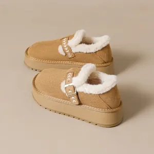 Women Thick Sole Snow Boots Warm Plush Lined Mules Suede Slip On Loafers With Buckle Casual Winter Shoes For Ladies