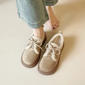 Dames Retro Dikke Zool Sneeuwlaarzen Suède Kunstbont Gevoerd Warme Winterschoenen Vetersluiting Casual Loafers