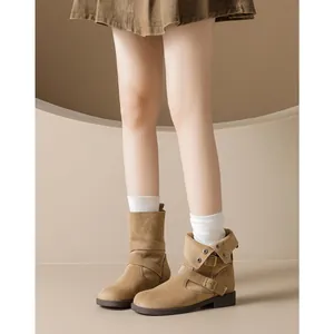 British retro brown suede ankle boots for women with double metal buckles and thick soles