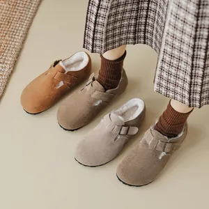 Sabots d'hiver en daim pour femmes avec doublure en fourrure chaude et boucle réglable