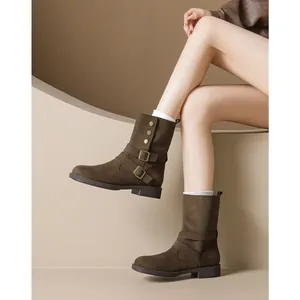 Retro dark brown suede boots with adjustable buckles and platform soles for women