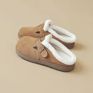 Women Suede Cowhide Leather Faux Shearling Lined Boston Clogs Vintage Thick Sole Metal Buckle Mules Winter Warm Outdoor Slippers