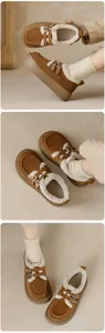 Detailansichten der braunen Wildleder-Plateau-Clogs mit flauschigem Kunstfellfutter und Riemen