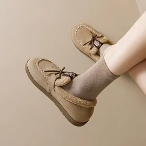 Mocassins plateforme camel pour femme avec doublure en polaire et nœud décoratif