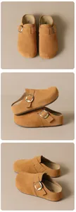 Détails de sabots en daim marron avec boucle en bronze réglable et lit de pied
