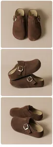 Vue détaillée de sabots en cuir suédé marron foncé avec boucle en métal doré réglable