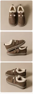 Detail view of dark brown platform snow boots with plush lining and double Velcro straps
