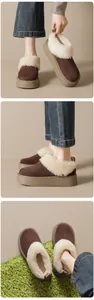Detailed views of brown platform mule slippers with plush white faux fur lining