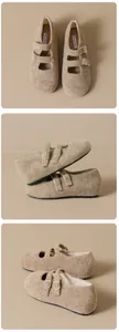 Detail view of tan felt Mary Jane shoes with double buckle straps and metallic hardware