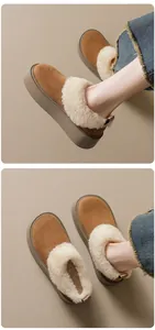 Detailed close-up of platform snow boots featuring thick faux fur lining and suede finish