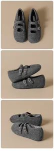 Detailed views of dark grey felt Mary Jane shoes with double gold buckles and wool texture