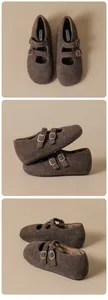 Three perspectives of dark brown felt Mary Jane shoes with golden double buckle details