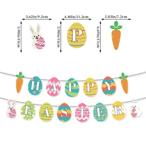 Colorful Happy Easter banner with rabbit and carrot shapes for festive party decoration