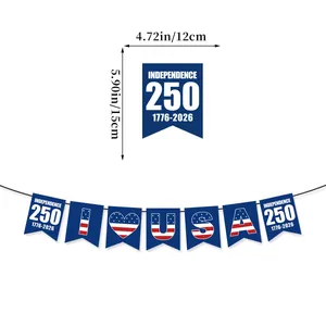 Independence 250th anniversary blue bunting banner with USA flags and size dimensions