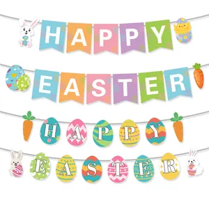 Easter Paper Banner Rabbit Colorful Egg Carrot Happy Easter Lettering Bunting For Party Home Decoration Cartoon Supplies