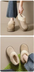 Detail view of khaki suede platform snow boots with thick plush lining for winter warmth