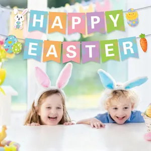 Colorful Happy Easter banner with cartoon rabbit and eggs for festive party decoration