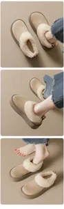 Detail of warm plush lining and suede material on women platform winter snow boots