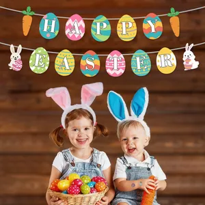 Colorful Happy Easter banner with eggs and carrots, featuring children wearing bunny ears