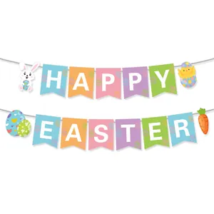 Colorful Happy Easter banner with cartoon bunnies, eggs, and carrots for party decoration