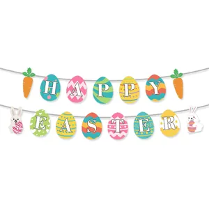 Detail of colorful Happy Easter banner with egg shapes and cute rabbit carrot accents