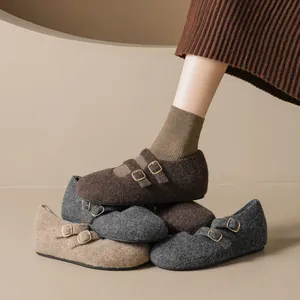 Classic felt Mary Jane flats with double gold buckle straps in earth-tone wool fabric
