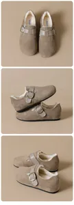 Vues détaillées de mocassins en daim marron avec doublure en fourrure et boucle en métal
