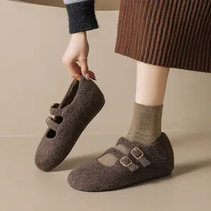 Dark brown wool felt Mary Jane shoes with plush lining and adjustable metal buckles