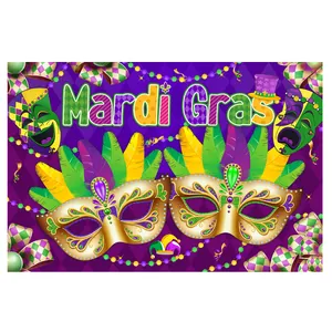 Fondo de fiesta de Carnaval con máscaras y plumas en violeta, dorado y verde festivo