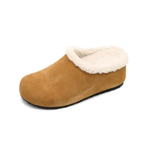 Zoccoli in pelle scamosciata marrone stile Birkenstock con pelo caldo e suola plateau 6cm