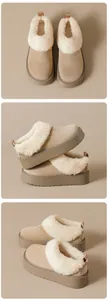 Detail view of khaki platform snow boots with thick plush lining and faux shearling trim