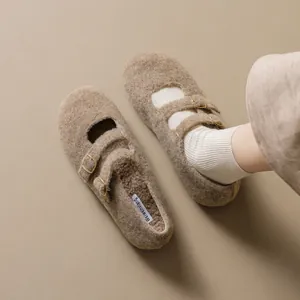 Brown wool felt Mary Jane flats with double gold buckles and cozy plush lining
