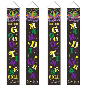 Striscioni da Porta Mardi Gras in Poliestere Decorazioni per Veranda di Carnevale Let The Good Times Roll Maschera Piuma Motivi Festivi